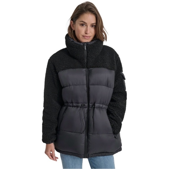 DKNY Black Faux Sherpa Mix Coat - Picture 1 of 4